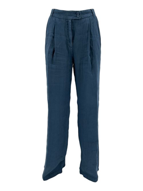 women's blue denim linen trousers with pleats 120% Lino | 31AL1W29C3-000G22900021